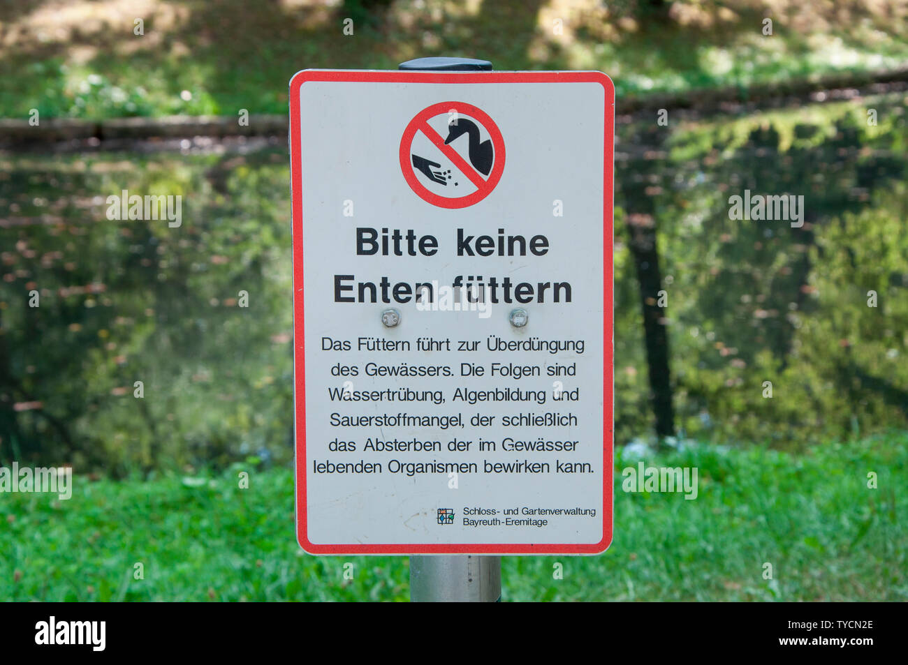 prohibition sign, don't feed ducks, Bayreuth, Bavaria, Germany, Europe