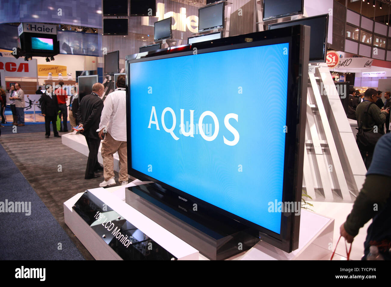 Sharp Corporation displays their Aquos model, world's largest 108 inch LCD monitor during the International Consumer Electronics Show (CES) in Las Vegas on January 8, 2009.  The 2009 CES opened to the public on Thursday and continues through the weekend. (UPI Photo/Tom Theobald) Stock Photo