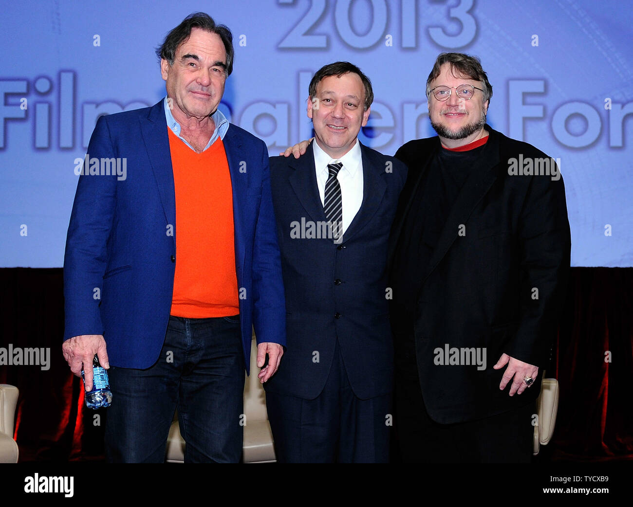 (L-R) Directors Oliver Stone, Sam Raimi and Guillermo del Toro pose after speaking at a filmmakers' roundtable at Caesars Palace during CinemaCon, the official convention of the National Association of Theatre Owners in Las Vegas, Nevada on April 17, 2013. UPI/David Becker Stock Photo