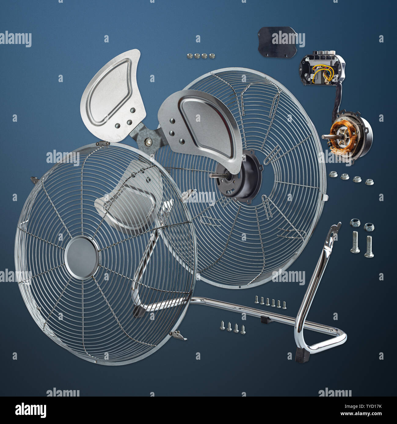 Explode view of electric fan on blue background Stock Photo Alamy