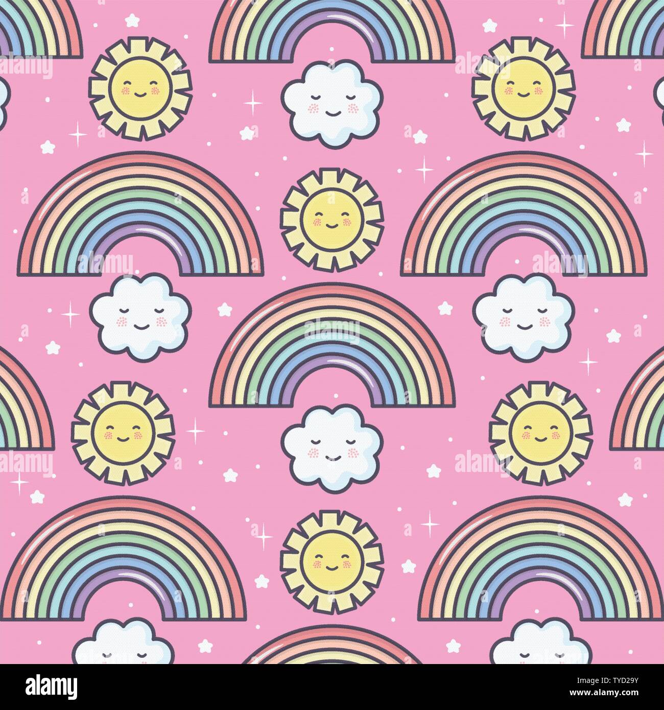 cute summer sun and clouds with rainbow kawaii pattern illustration ...
