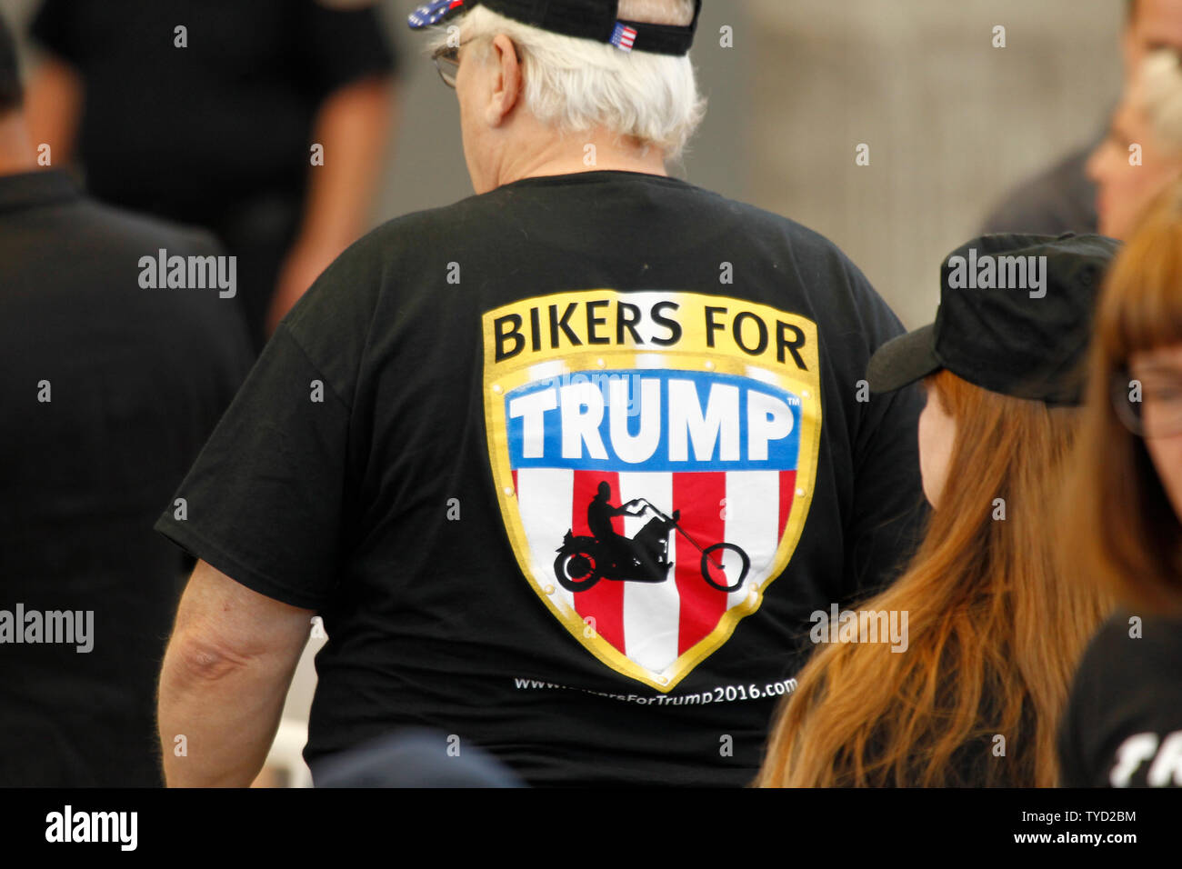 A supporter wearing a 'Bikers For Trump' shirt arrives for a rally for Republican Presidential candidate Donald Trump at the Henderson Pavilion in Henderson, Nevada on October 5, 2016.  Photo by James Atoa/UPI Stock Photo