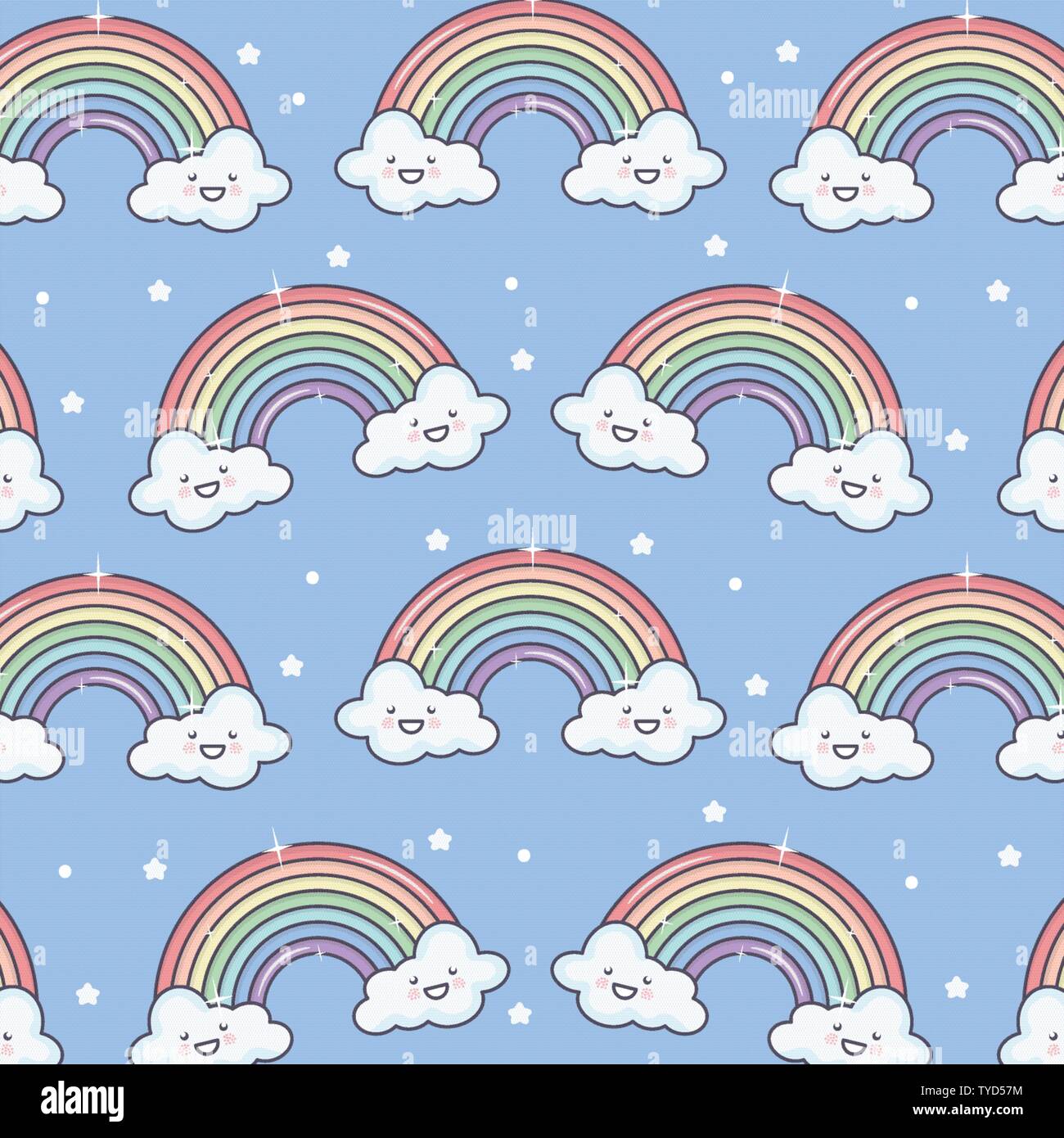 cute summer sun and clouds with rainbow kawaii pattern illustration ...