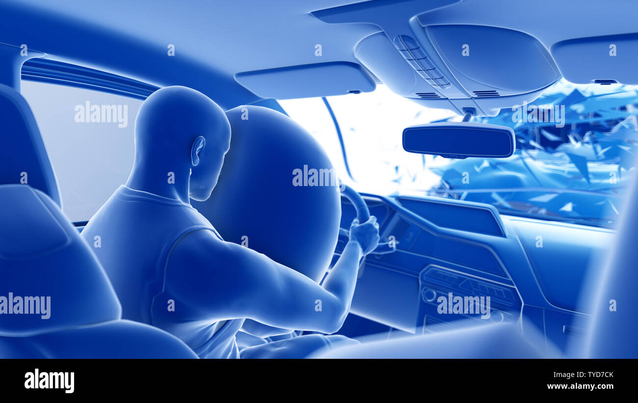 3d rendered illustration of two colliding cars - illustrating the effect of  an impact with airbag Stock Photo - Alamy