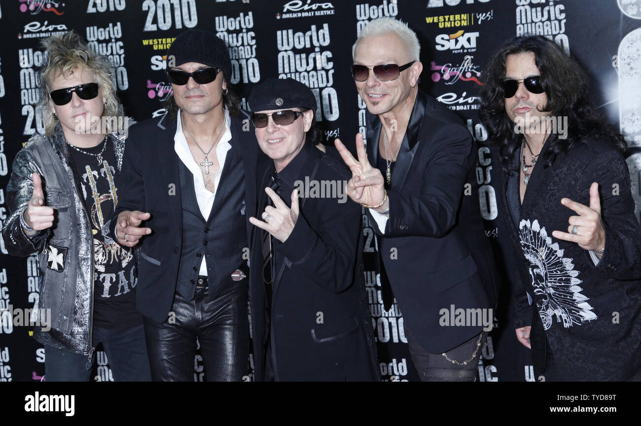 (From L to R) James Kottak, Matthias Jabs, Klaus Meine, Rudolf Schenker and Pawel Maciwoda of the band Scorpions arrive on the red carpet before the World Music Awards at the Sporting Club in Monte Carlo, Monaco on May 18, 2010.  The award show raised funds to open an orphanage in earthquake-ravaged Haiti.   UPI/David Silpa Stock Photo
