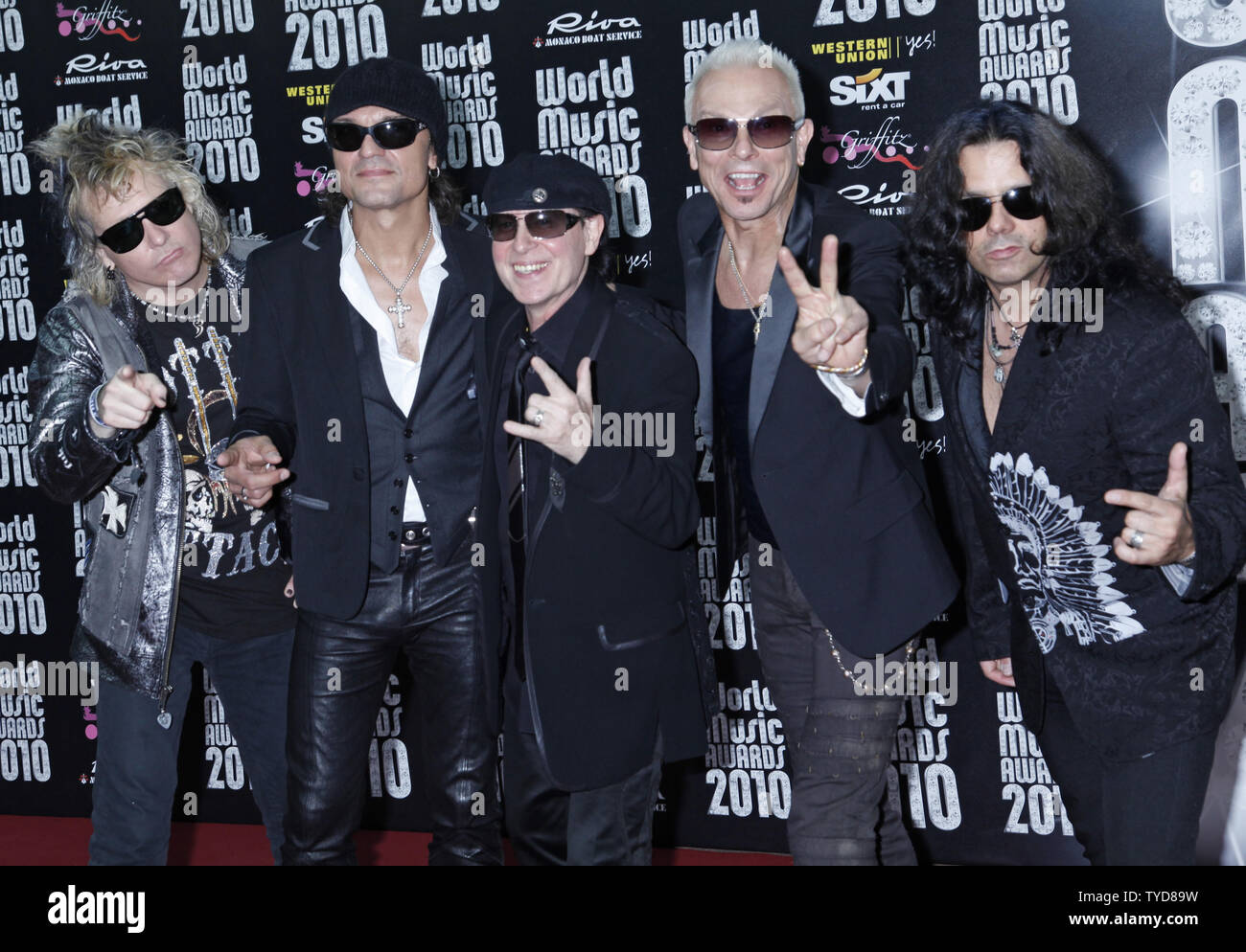 (From L to R) James Kottak, Matthias Jabs, Klaus Meine, Rudolf Schenker and Pawel Maciwoda of the band Scorpions arrive on the red carpet before the World Music Awards at the Sporting Club in Monte Carlo, Monaco on May 18, 2010.  The award show raised funds to open an orphanage in earthquake-ravaged Haiti.   UPI/David Silpa Stock Photo