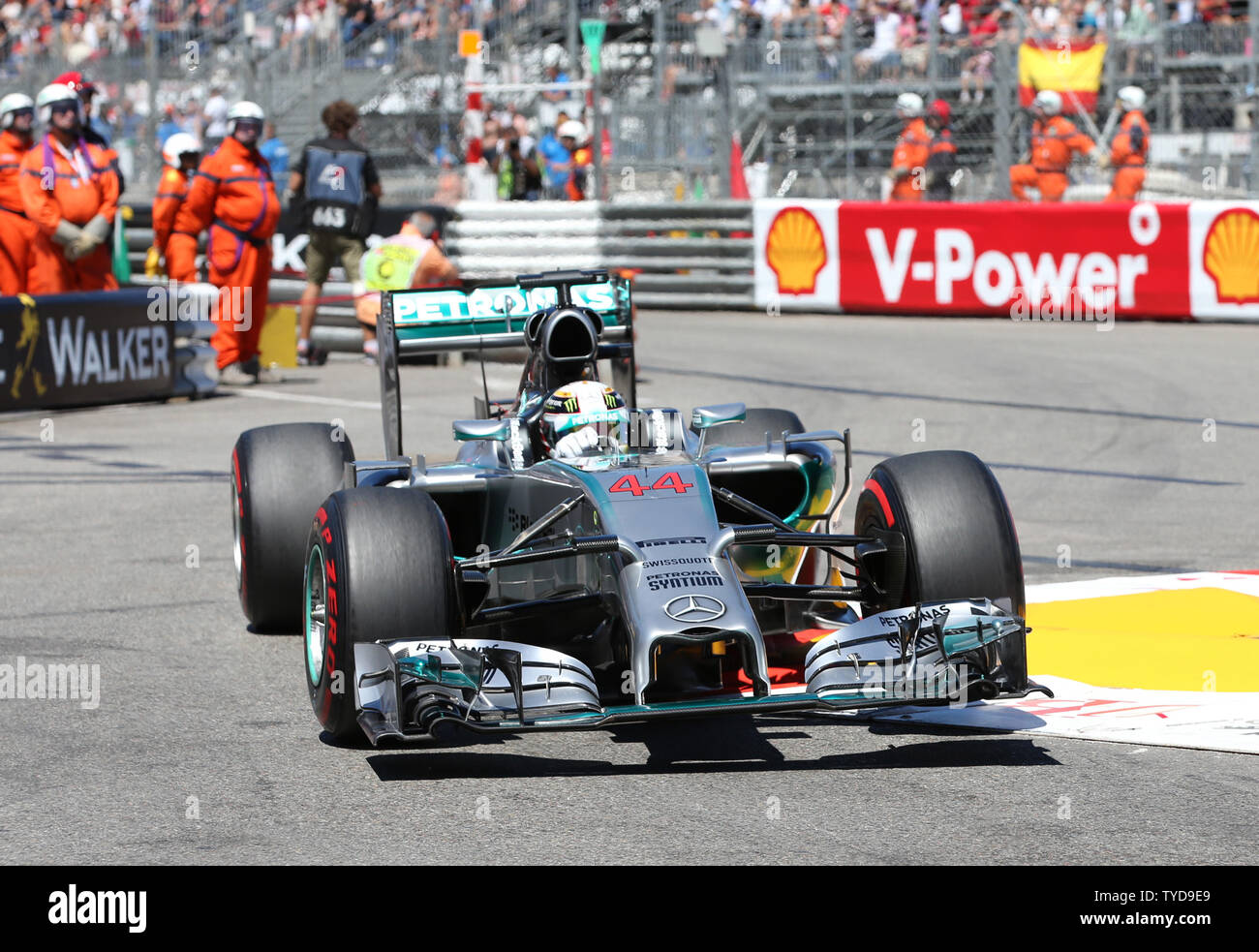 Mercedes F1 driver, British Lewis Hamilton, races during the qualifying  session of the Monaco Formula One Grand Prix in Monte Carlo on May 24, 2014.  Nico Rosberg took pole position for the