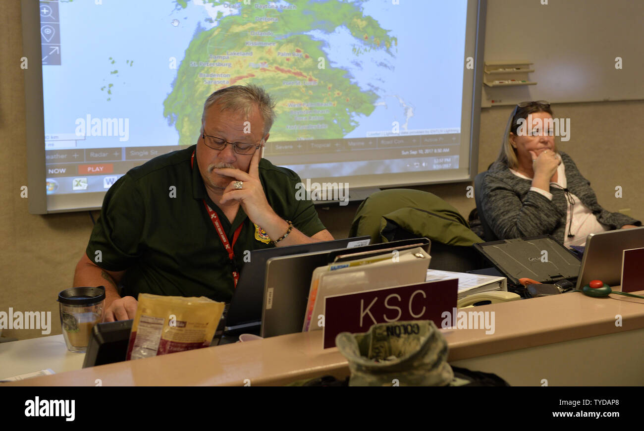 Volunteers and employees of the Brevard Emergency Operations Center monitor the advance of Hurricane Irma in Rockledge, Florida on September 10, 2017. Hurricane Irma is the largest Atlantic hurricane in recorded history. After making landfall in the Florida Keys, the storm proceeded on a northerly track and will affect the entire State of Florida for the next 24 to 36 hours.  .Photo by Joe Marino/UPI Stock Photo