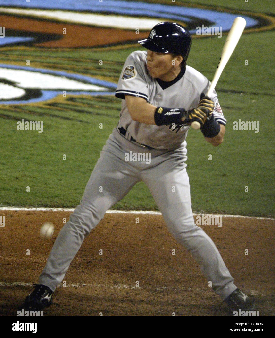New York Yankees Hideki Matsui is hit by this Josh Beckett pitch