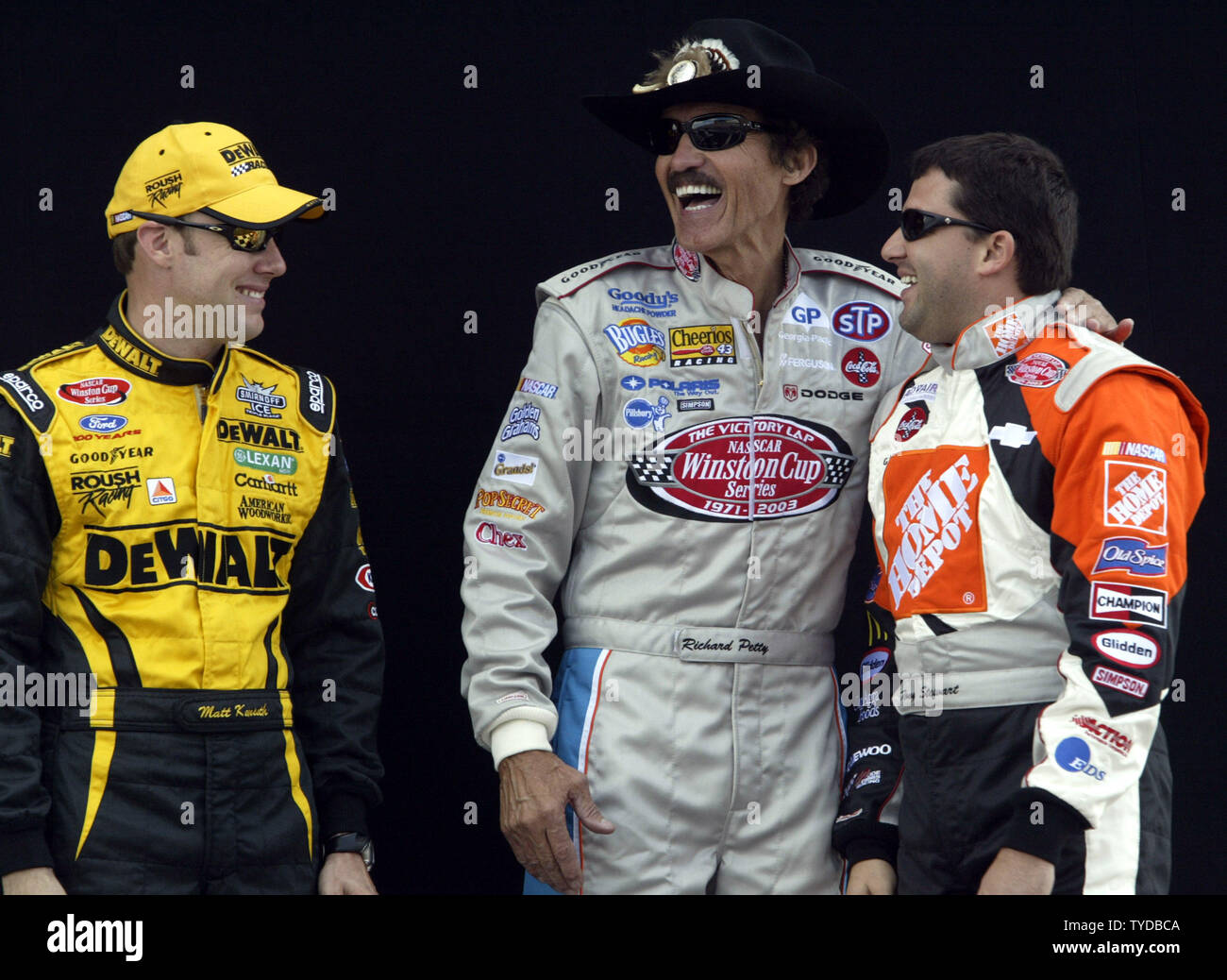 Nascar Winston Cup 2003 Champion Matt Kenseth L With Seven Time Cup Winner Richard Petty C And 2002 Chanpion Tony Stewart During Pre Race Ceremony Prior To The Start Of The Nascar Ford 400