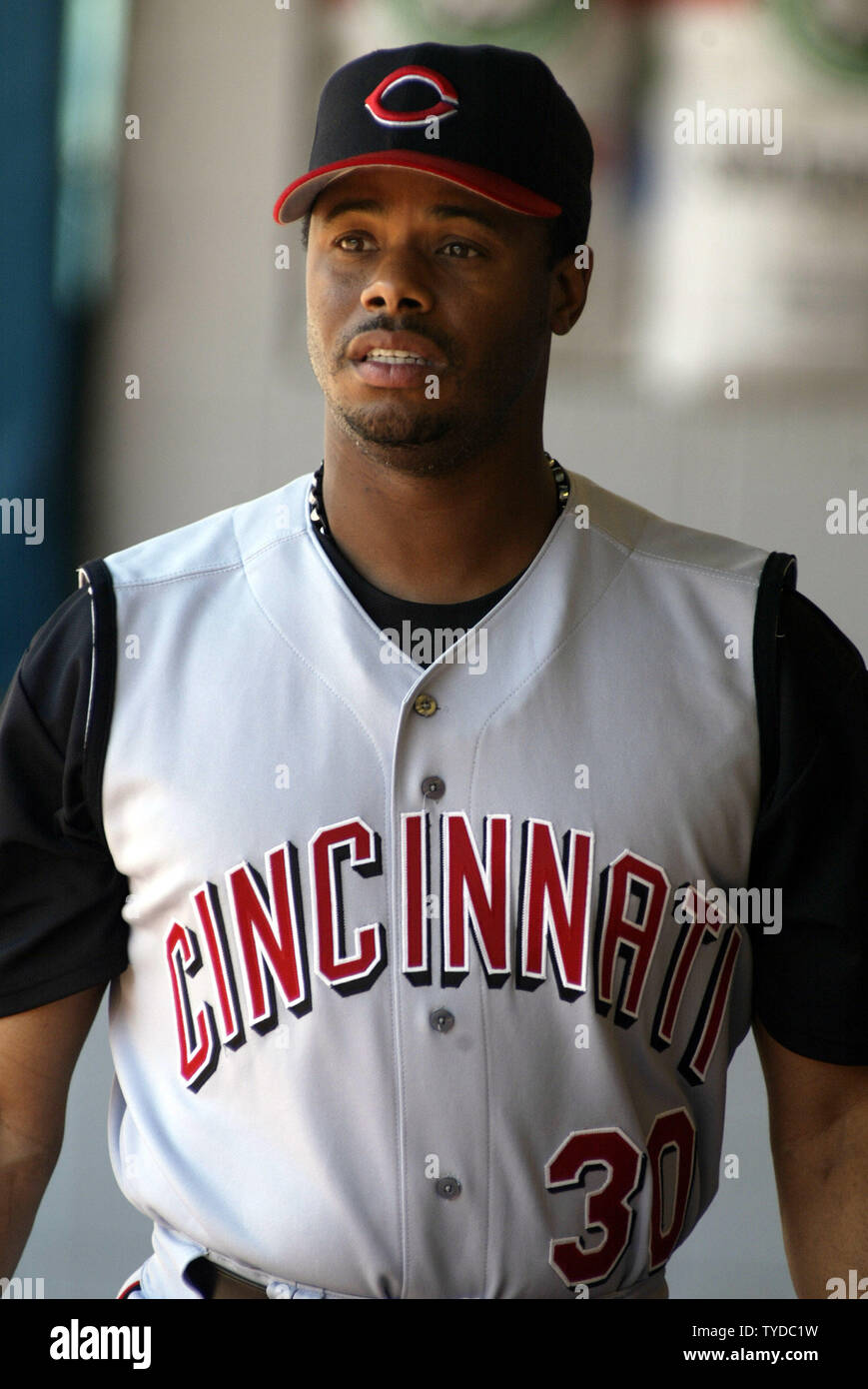 Cincinnati Reds Ken Griffey Jr. in dugout during game against the Florida  Marlins, at Pro Player Stadium, in Miami, Florida, on June 2, 2004. The  Reds won 3-1 over the Marlins. (UPI