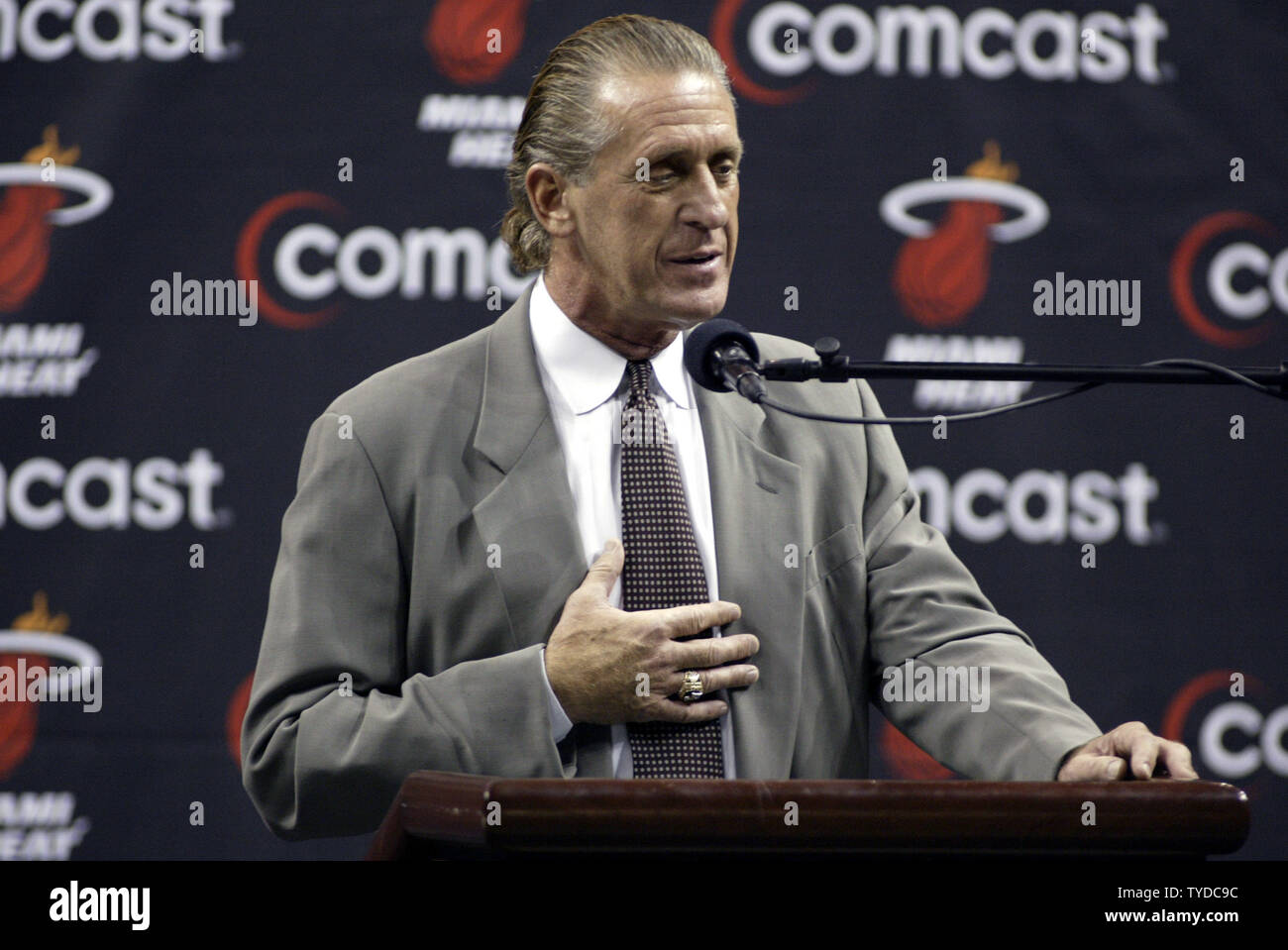 Miami Heat president Pat Riley comments on the Shaquille O'Neal trade at the Americans Airlines Arena , in Miami,  Florida, on July 20, 2004.  (UPI Photo/Michael Bush) Stock Photo