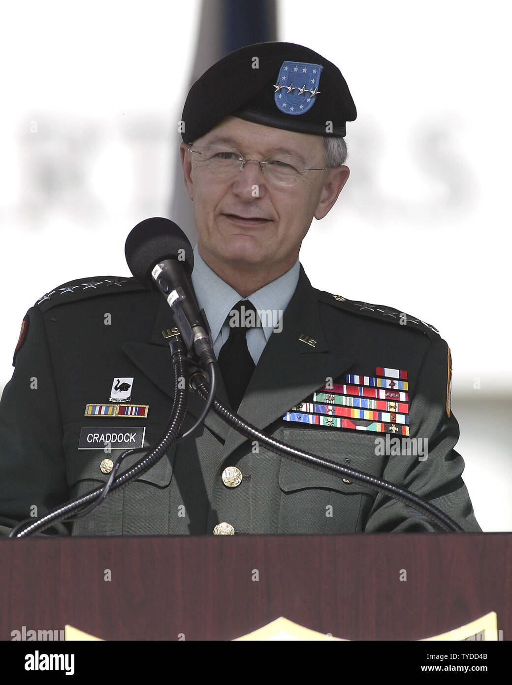 General Bantz J. Craddock speaks during the Change of Command Ceremony at the Southern Command Headequarters in Miami,  Florida, on November 9, 2004.  (UPI Photo/Michael Bush) Stock Photo