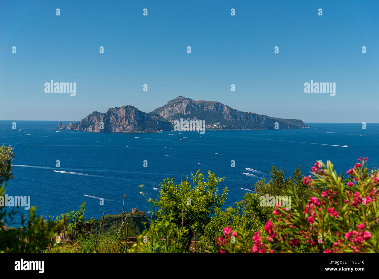 Landscape depicting the Capri Island framed by sea and sky, taken on a summer day from Massa Lubrense near Sorrento Stock Photo