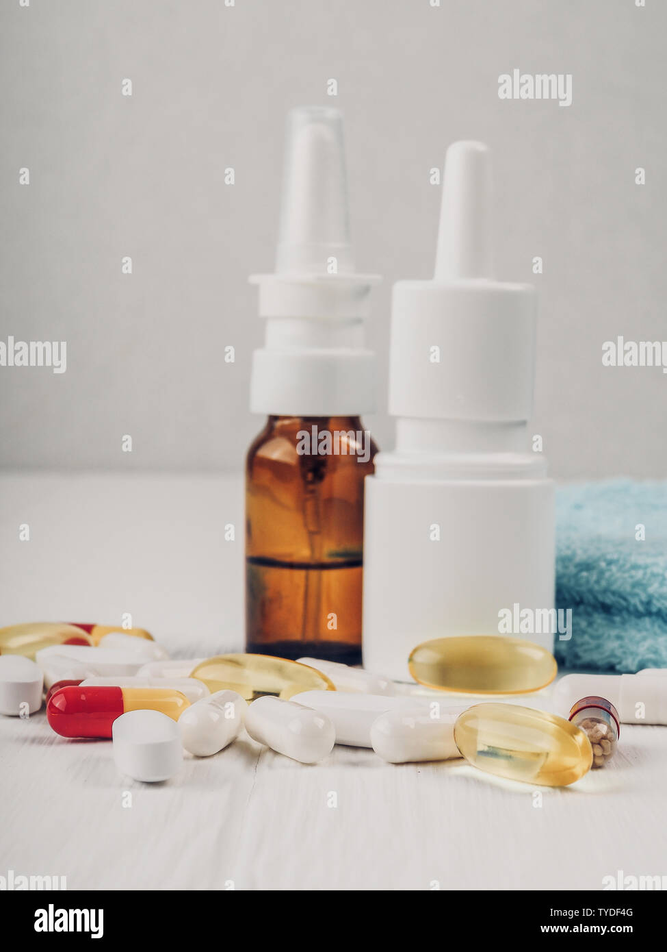 Stack Medication Packages Medicine, drugs. Stack of colorful pills packages and bottles on white ...