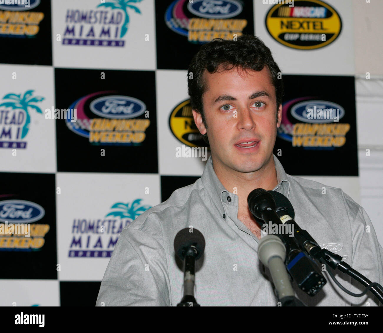 Michel Jourdain Jr. of Mexico and a NASCAR driver in the Busch Series attends a press conference for the unveiling of the Ford Fusion as the Pace car and Nextel cup car for the 2006 season, at the Omni Colonnade Hotel, in Coral Gables,  Florida, on August 24, 2005.  (UPI Photo/Michael Bush) Stock Photo