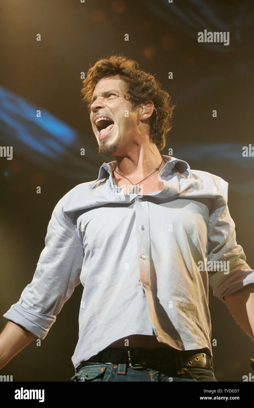 Chris Cornell of Audioslave performs in concert at the Convocation Center in Coral Gables,  Florida, on October 18, 2005.  (UPI Photo/Michael Bush) Stock Photo