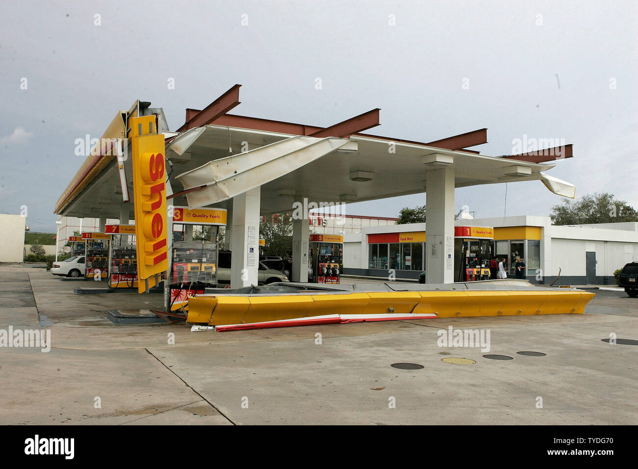 Category 3 Hurricane Wilma caused damage to this gas station in Miami, Florida on October 24, 2005.  (UPI Photo/Michael Bush) Stock Photo