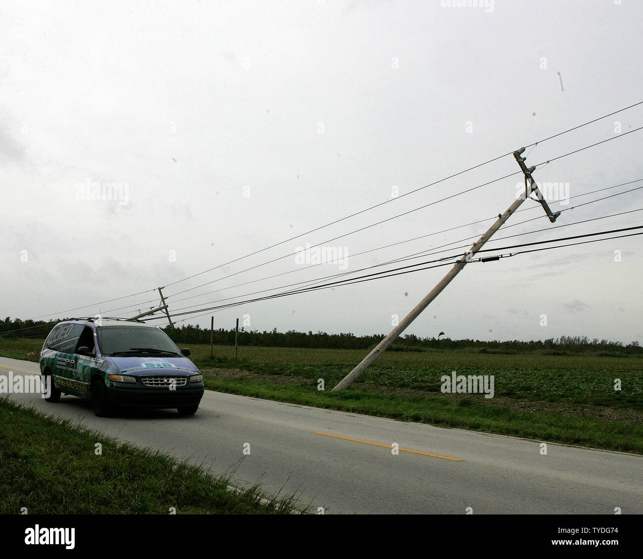 Many power poles were damaged in the wake of category 3 Hurricane Wilma in Miami, Florida, on October 24, 2005.  (UPI Photo/Michael Bush) Stock Photo