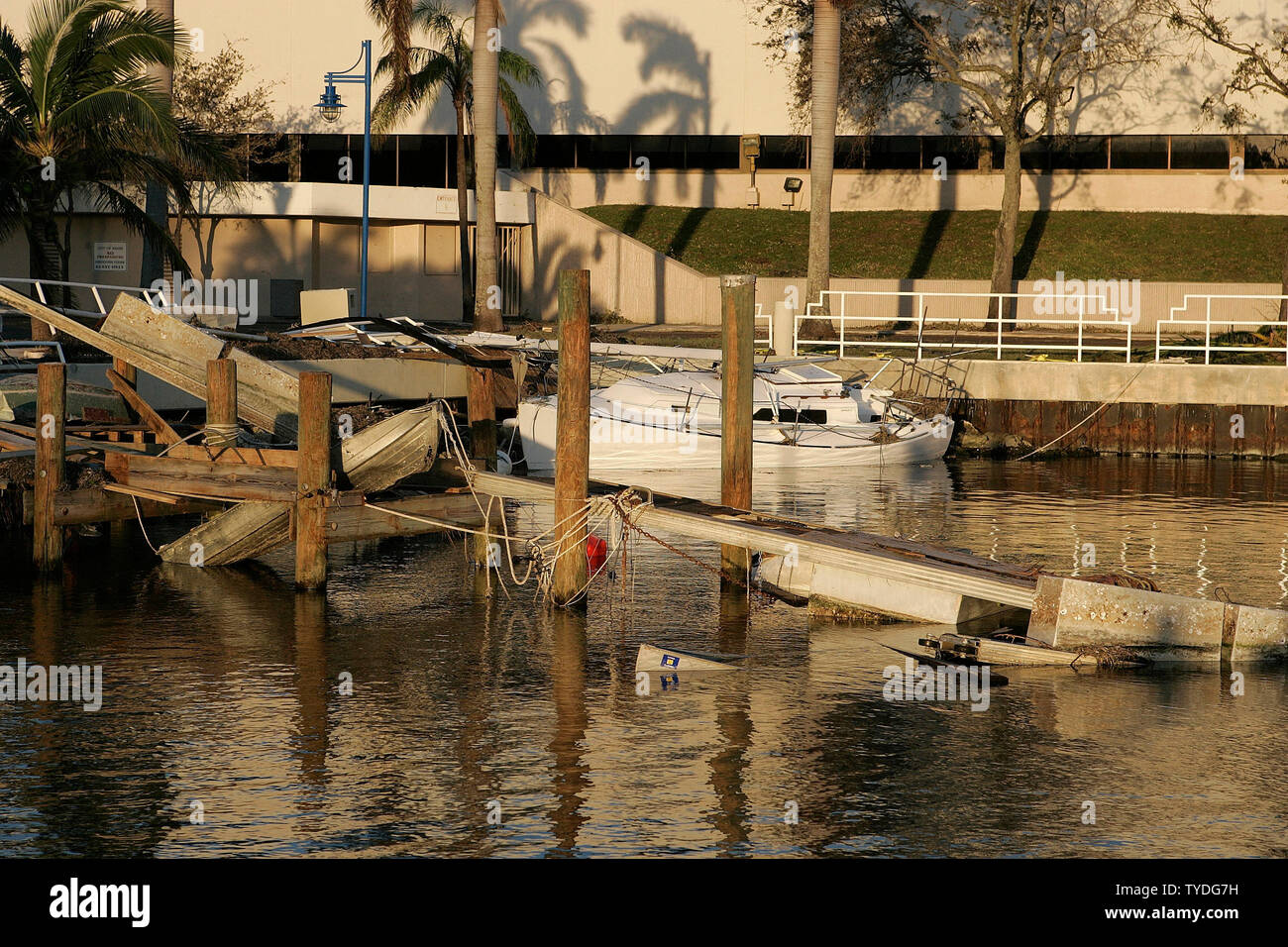 A dock in Dinner Key Marina lies badly damaged in the wake of category 3 Hurricane Wilma in Coconut Grove, Florida on October 25, 2005.  (UPI Photo/Michael Bush) Stock Photo
