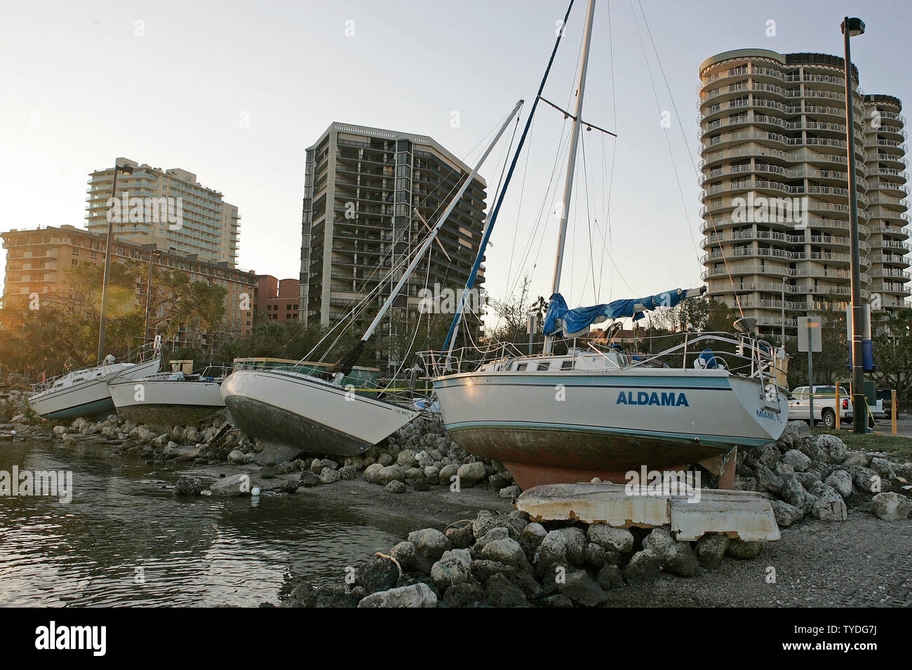 Boats in Dinner Key Marina lie beached by the storm surge in the wake of category 3 Hurricane Wilma in Coconut Grove, Florida on October 25, 2005.  (UPI Photo/Michael Bush) Stock Photo