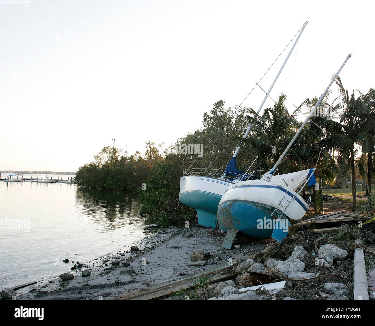 Boats in Dinner Key Marina lie beached by the storm surge in the wake of category 3 Hurricane Wilma in Coconut Grove, Florida on October 25, 2005.  (UPI Photo/Michael Bush) Stock Photo