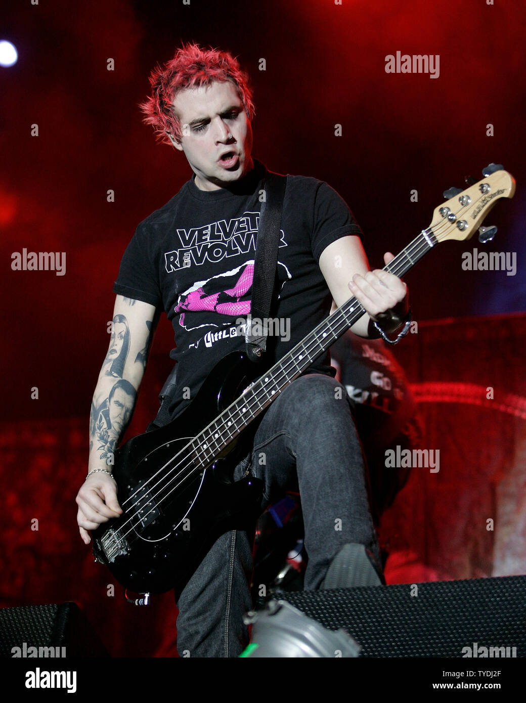 Johnny Christ with Avenged Sevenfold performs in concert at the Global Gathering 2006 Festival at the Bicentennial Park in Miami, Florida on March 18, 2006. (UPI Photo/Michael Bush) Stock Photo