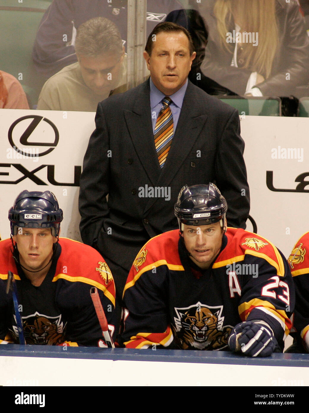 Florida Panthers head coach Jacques Martin watches as his team loses to the San Jose Sharks 2-1 at the Bank Atlantic Center in Sunrise, Florida on October 31, 2006. (UPI Photo/Michael Bush) Stock Photo