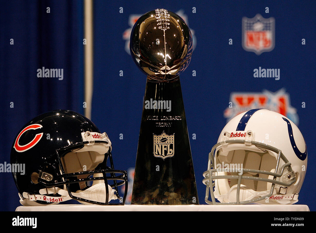 The Superbowl's Vince Lombardi trophy stands between the Chicago