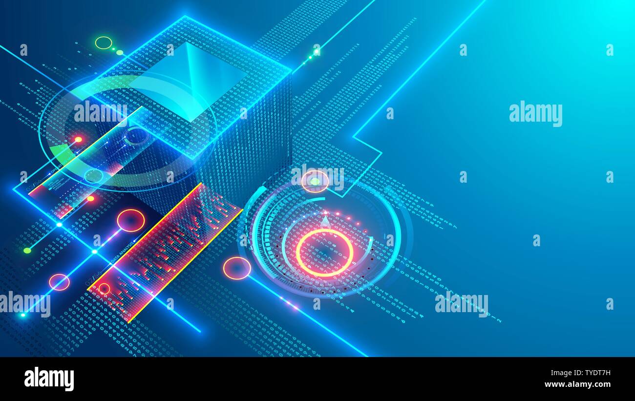 Digital background. Cube or box consists matrix of digits. Block chain of abstract finance data, business graphic. Blockchain fintech technology and Stock Vector
