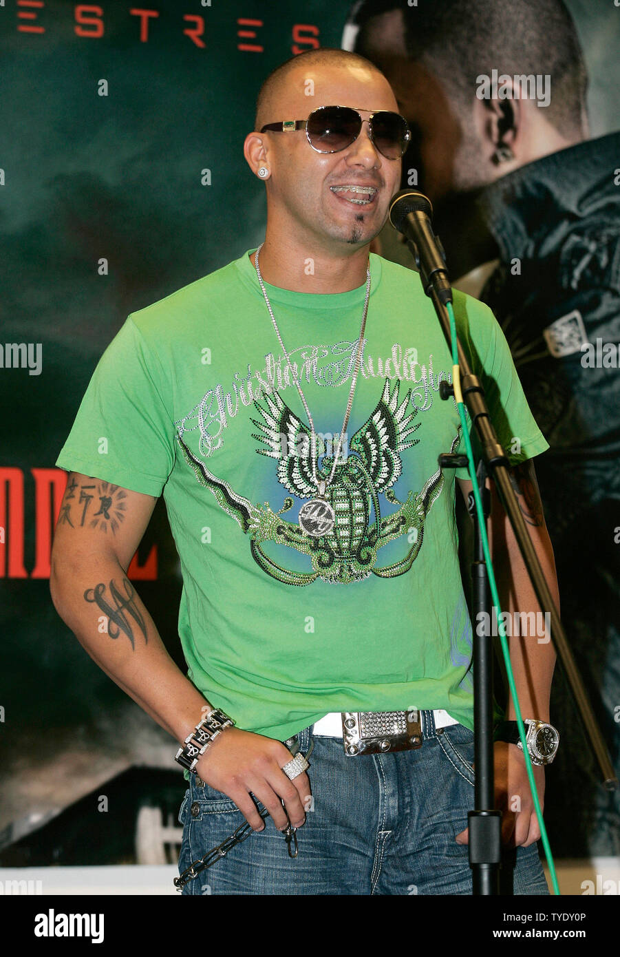 Wisin with the latin reggaeton group Wisin Y Yandel speaks at a pre concert press conference in which they receive a platinum album at the American Airlines Arena in Miami on June 28, 2008. (UPI Photo/Michael Bush) Stock Photo