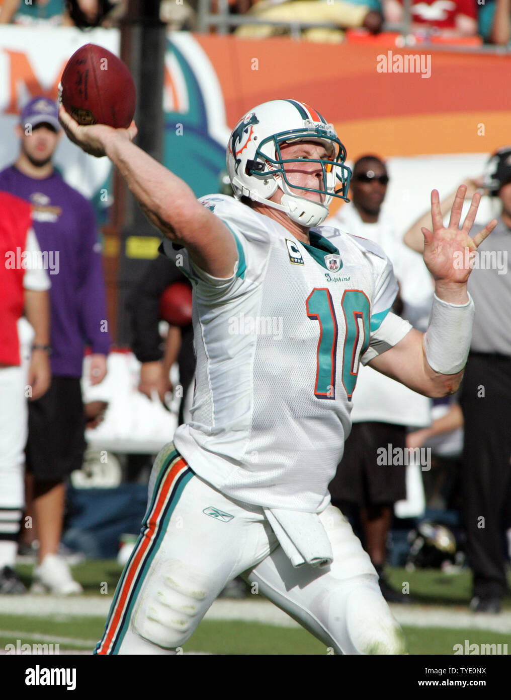 Miami Dolphins quarterback Chad Pennington (10) throws this pass