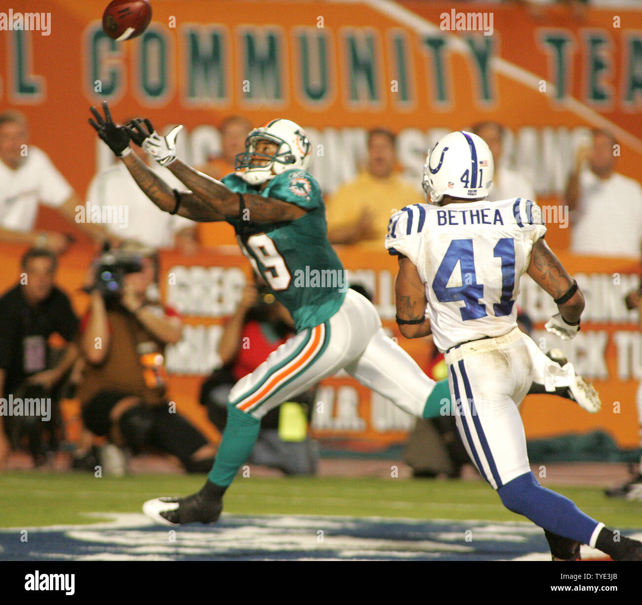 Miami Dolphins Ted Ginn Jr. celebrates his touchdown with team mate Cleo  Lemon against the New York Giants at Wembley Stadium in London, England on  Sunday October 28 2007. This is the