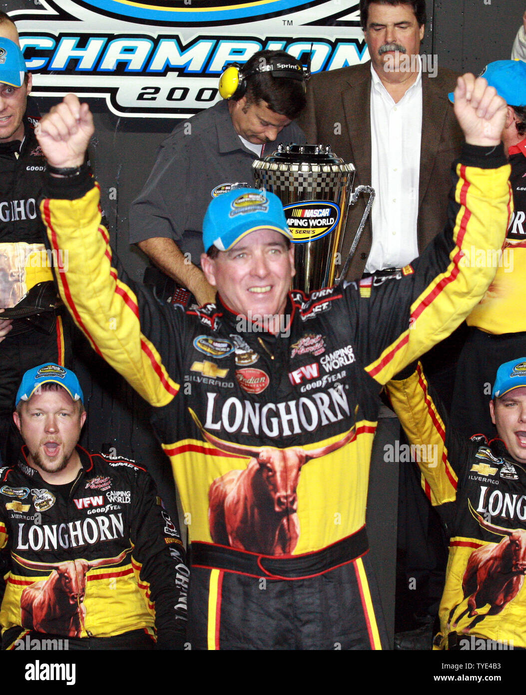 Ron Hornaday Jr celebrates winning the NASCAR Camping World Truck ...