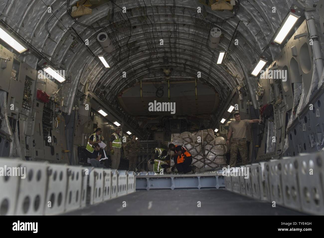 Member of the 455th Expeditionary Logistics Readiness Squadron unload pallets out of an 816th Expeditionary Airlift Squadron C-17 Globemaster III in support of Operation Freedom’s Sentinel Nov. 3, 2016. The operation focuses on training, advising, and assisting the Afghan Security Institutions and Afghan National Defense and Security Forces in order to build their capabilities and long-term sustainability. Stock Photo