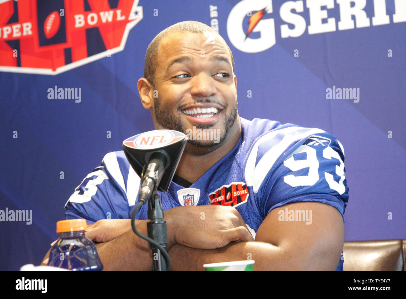 Indianapolis Colts defensive end Dwight Freeney attends Media Day at Sun Life Stadium, in Miami on February 2, 2010. Freeney sprained his ankle last week in the AFC Championship game and may not play in Super Bowl XLIV. Super Bowl XLIV will feature the Indianapolis Colts and New Orleans Saints on Sunday, February 7. UPI/Susan Knowles Stock Photo