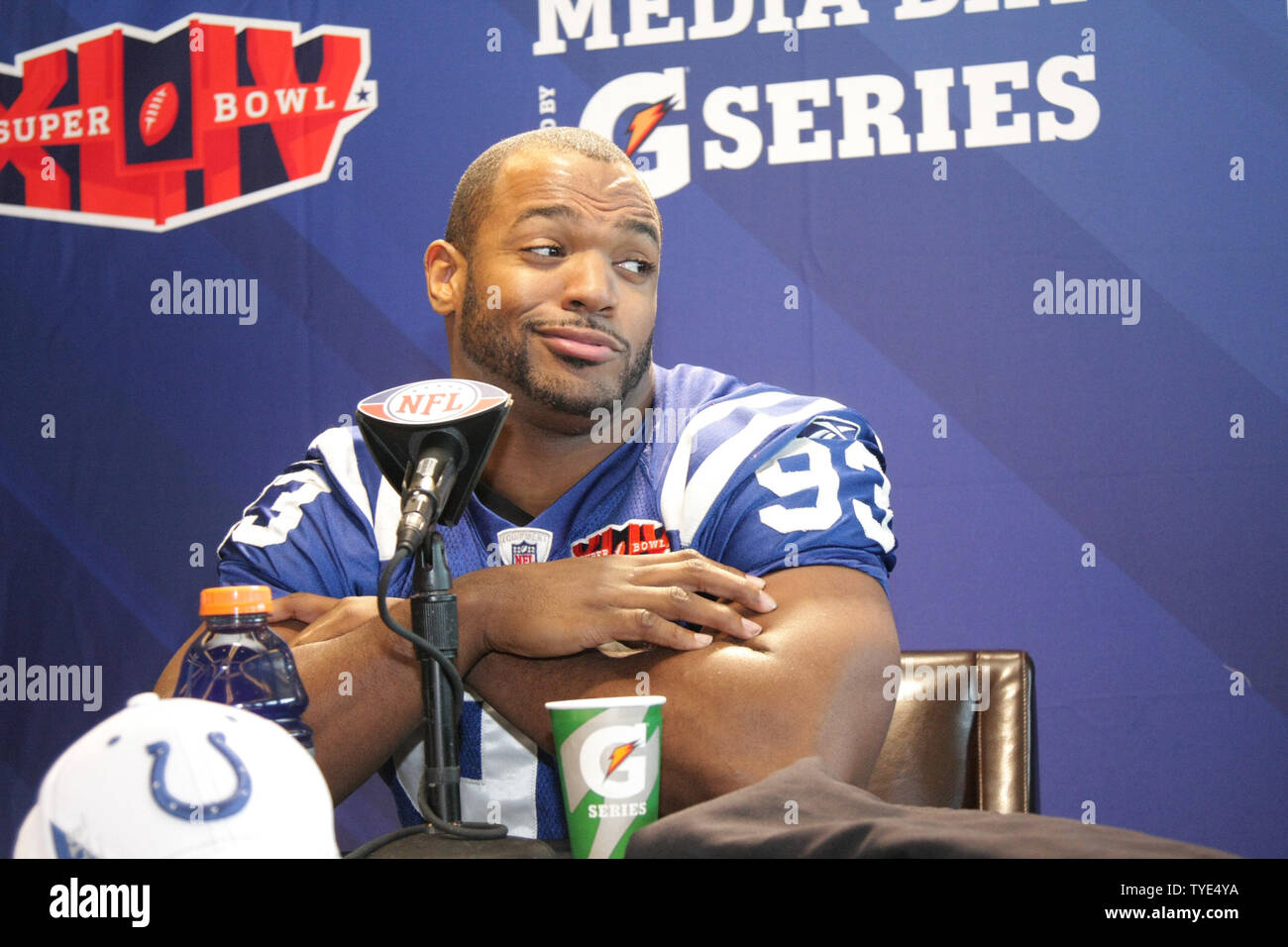 Indianapolis Colts defensive end Dwight Freeney attends Media Day at Sun Life Stadium, in Miami on February 2, 2010. Freeney sprained his ankle last week in the AFC Championship game and may not play in Super Bowl XLIV. Super Bowl XLIV will feature the Indianapolis Colts and New Orleans Saints on Sunday, February 7. UPI/Susan Knowles Stock Photo