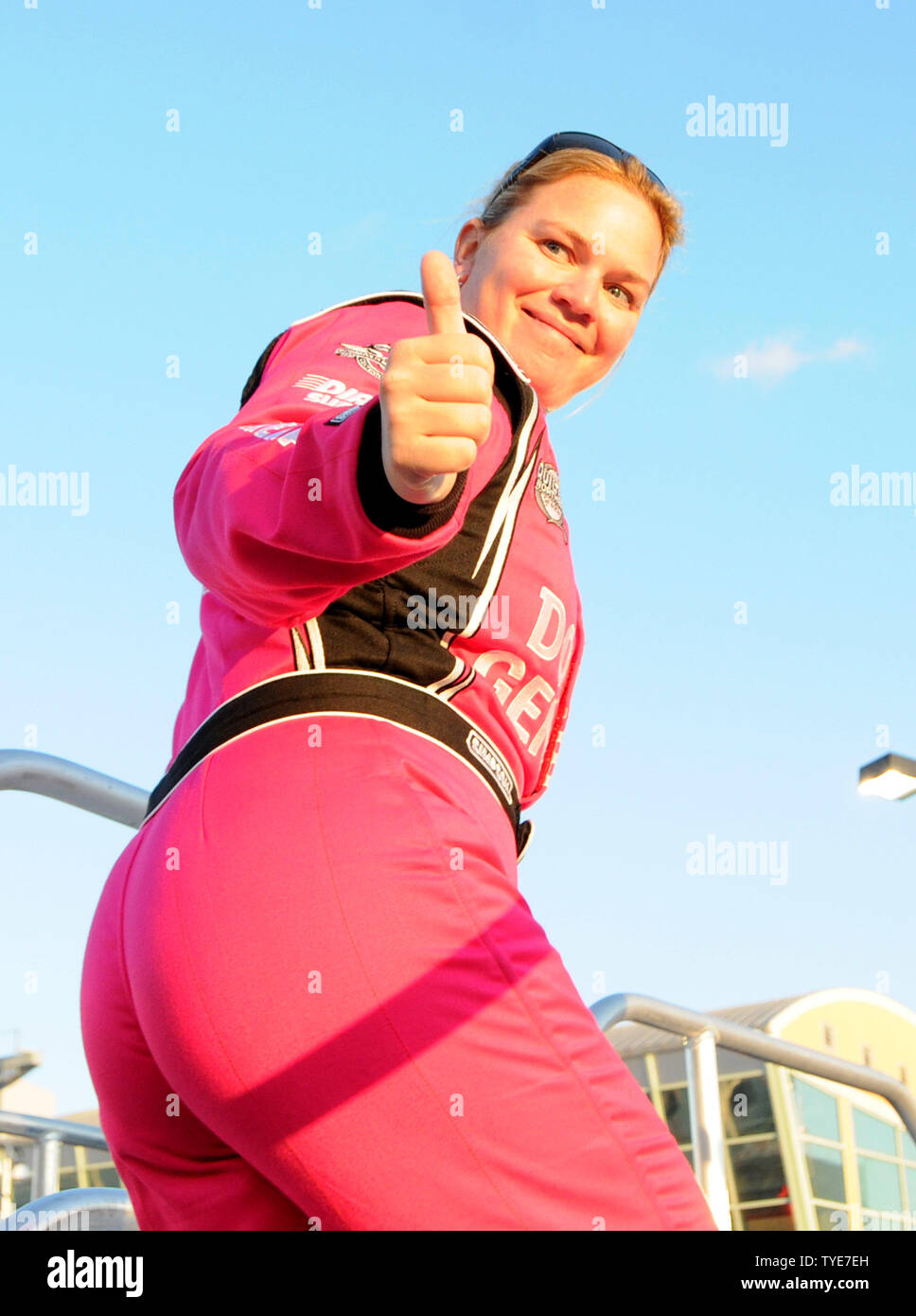 Indy car driver Sarah Fisher gives a thumbs up to the crowd at driver introductions prior to the IRL Cafe do Brasil Indy 300 at Homestead-Miami Speedway in Homestead, Florida on October 2, 2010.   UPI/Christina Mendenhall Stock Photo