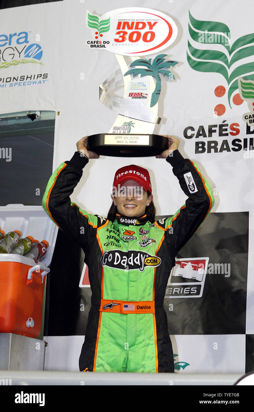 Danica Patrick celebrates a second place finish the IRL Cafe do Brasil Indy 300 at Homestead-Miami Speedway in Homestead, Florida on October 2, 2010.  UPI/Martin Fried Stock Photo