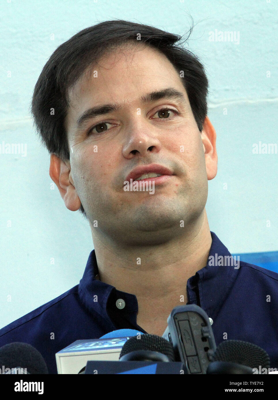 Florida Republican Senatorial candidate Marco Rubio holds a press confrence after casting his vote on Election Day at Open Bible Temple in Miami on November 2, 2010. UPI/Martin Fried Stock Photo