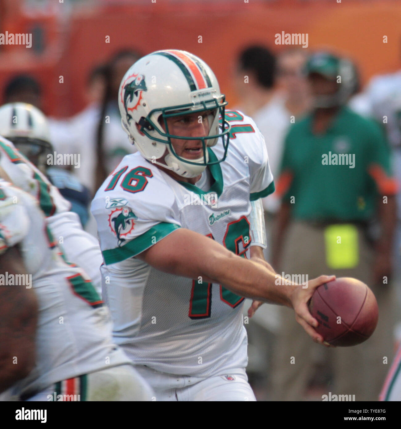 Miami Dolphins  Quarterback Tyler Thigpen (16) hands off a pass during first half action against The Tennessee Titans at Sun Life Stadium, in Miami Florida.November 14, 2010   The Miami Dolphins beat the Tennessee Titans  29-19.     .                                                    UPI/Susan Knowles... Stock Photo