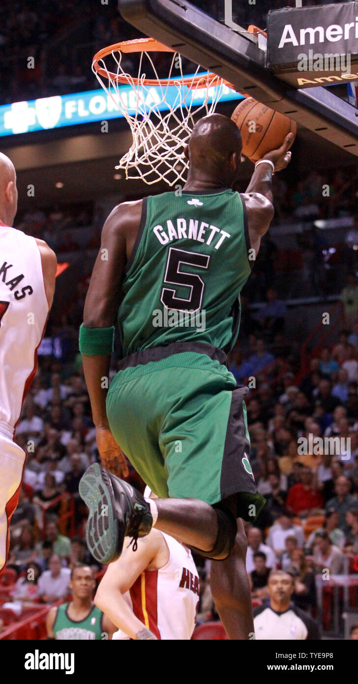 Boston Celtics Forward Kevin Garnett (5) shoots during first half action against the Miami Heat at the American Airlines Arena, in Miami, Florida .April 6th, 2011. The Miami Heat beat the Boston Celtics 100-77..                                                    UPI/Susan Knowles... Stock Photo