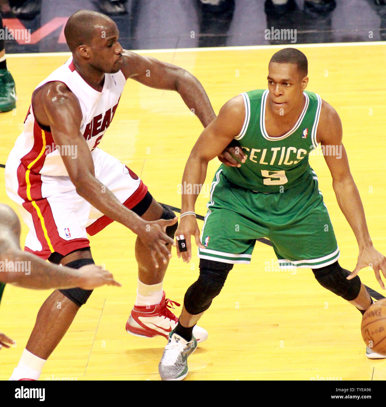 Boston Celtics Forward Rajon Rondo (9) drives around Joel Anthony  during game 2 of the 2nd round of the Eastern Conference Playoff Series. First half action against the Miami Heat at the American Airlines Arena, in Miami, Florida May 3, 2011. .The Miami Heat beat the Boston Celtics 101-99..                                                    UPI/Susan Knowles... Stock Photo