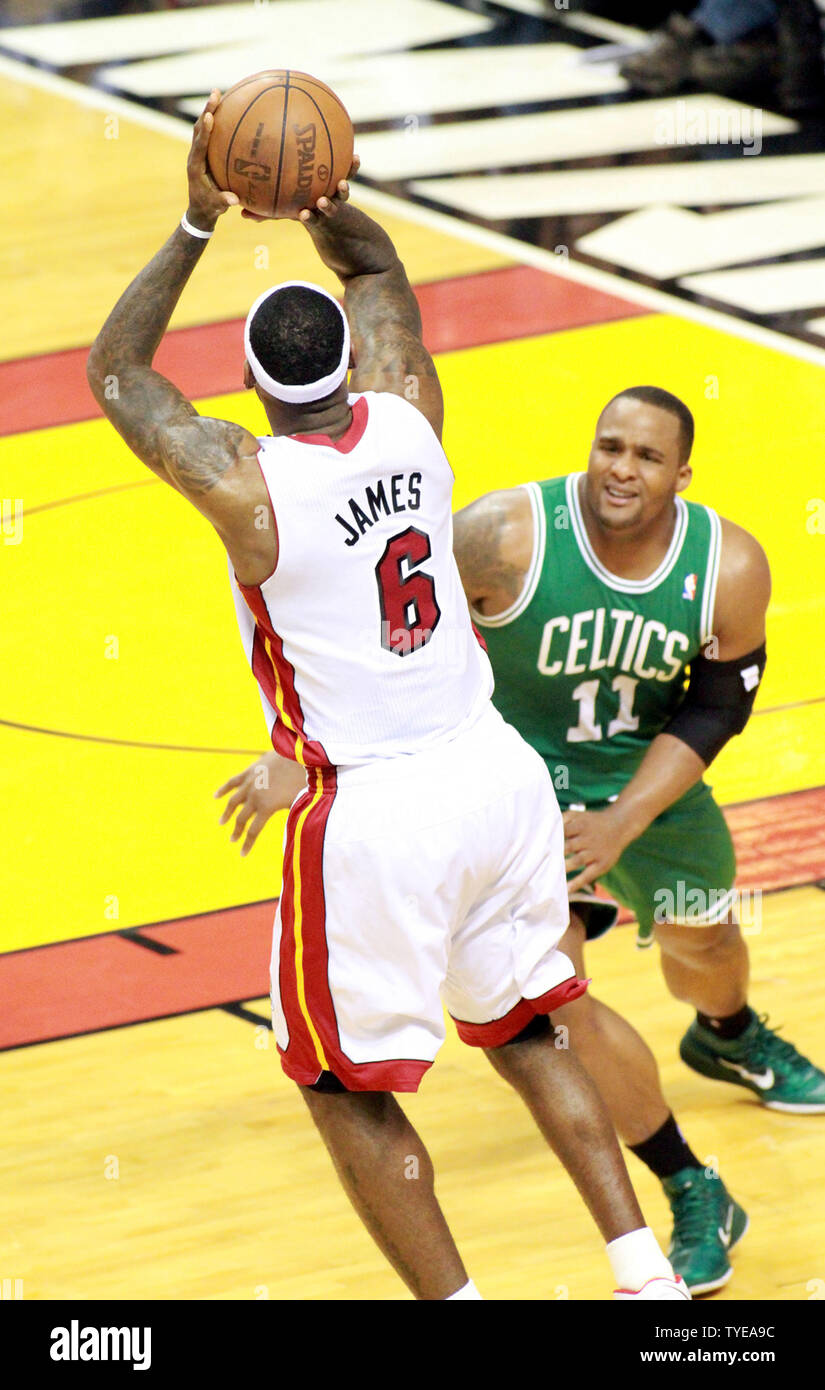 Miami Heat Forward Lebron James 6 shoots over Glen Davis during first half action game2 of the 2nd round of the Eastern Conference Playoff Series against the Boston Celtics at the American