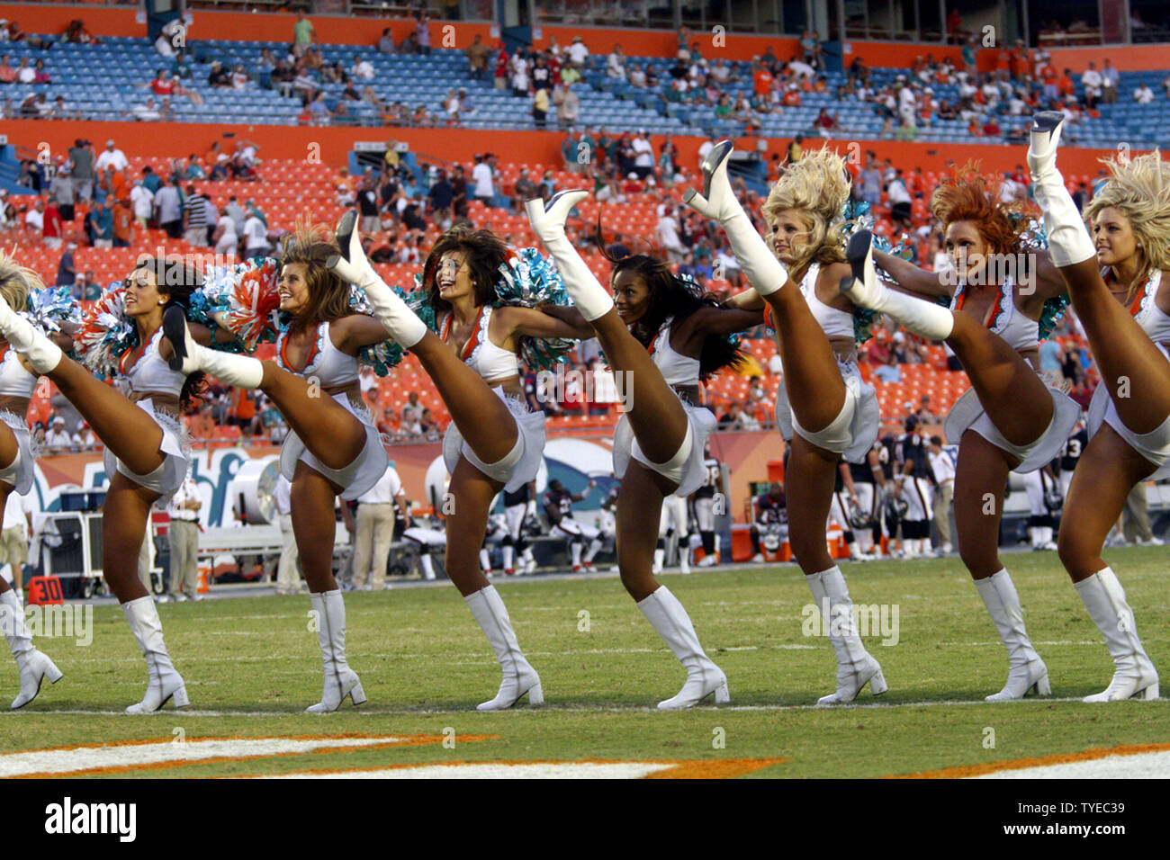 Miami Dolphin Cheerleaders entertain during 2nd half action, between the Miami Dolphins, and the Houston Texans September 18, 2011 at Sun Life Stadium in Miami, Florida. The Houston Texans beat the Miami Dolphins 23-13.  UPI/Susan Knowles Stock Photo