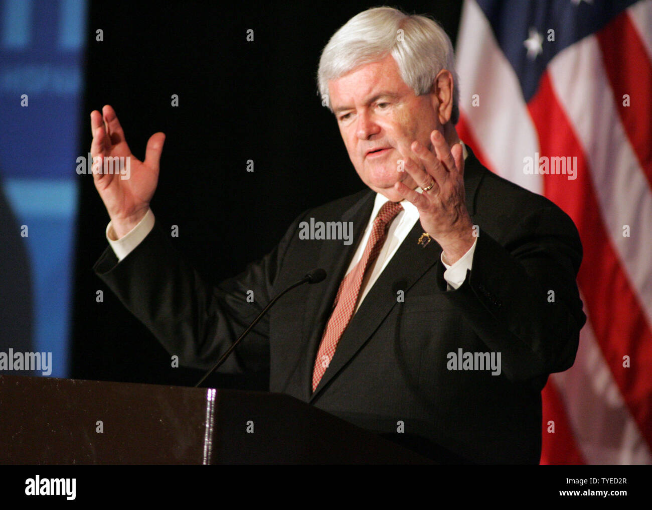 Republican Presidential hopeful Newt Gingrich speaks at the Hispanic Leadership Network conference at the Doral Golf Resort and Spa in Miami on January 27, 2012. UPI/Michael Bush Stock Photo