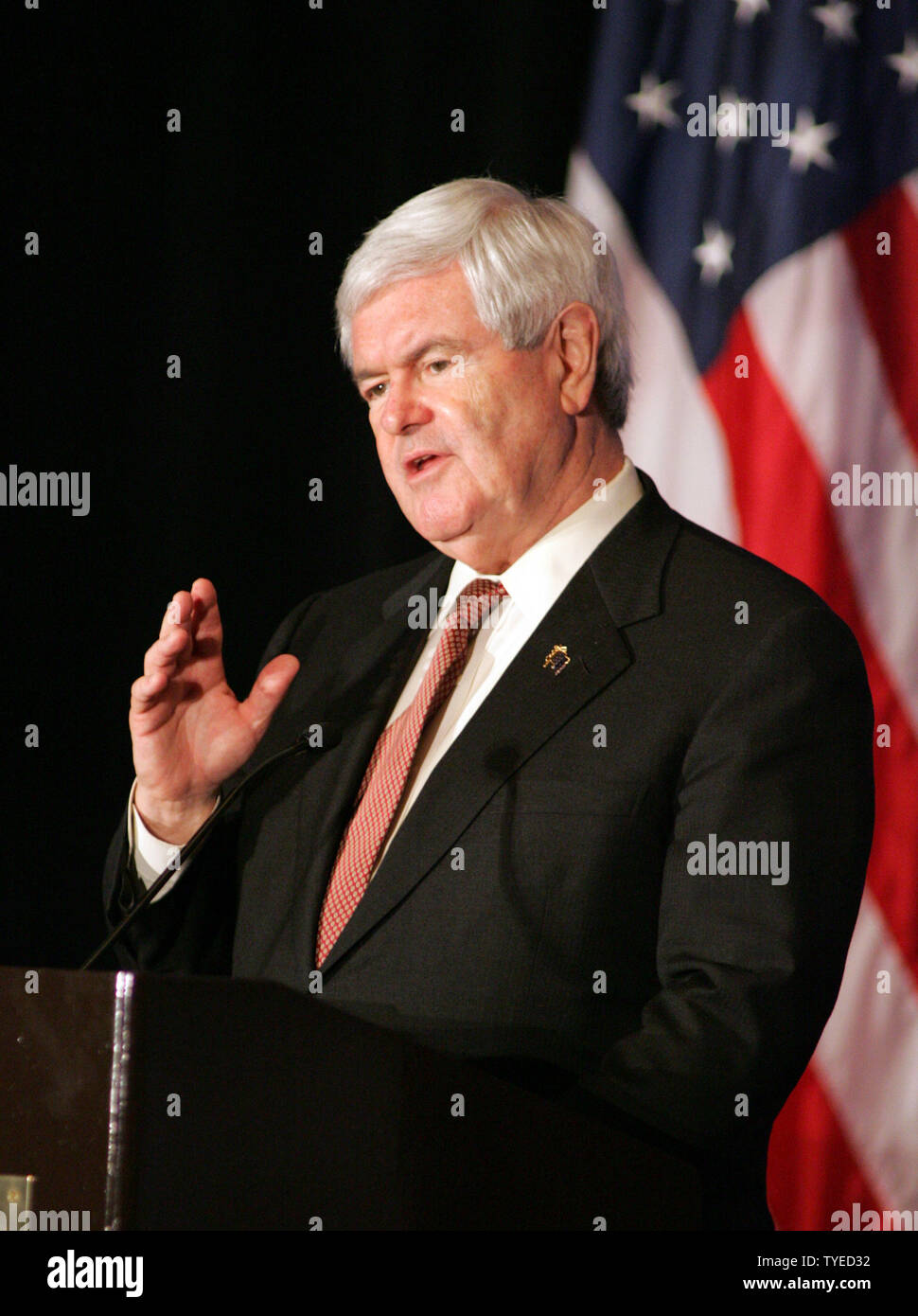 Republican Presidential hopeful Newt Gingrich speaks at the Hispanic Leadership Network conference at the Doral Golf Resort and Spa in Miami on January 27, 2012. UPI/Michael Bush Stock Photo