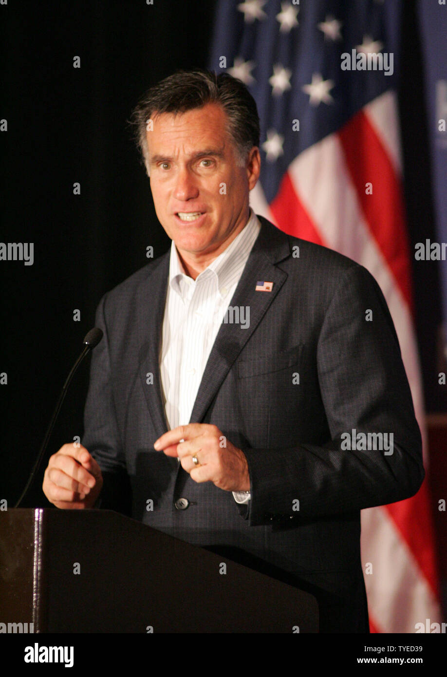 Republican Presidential hopeful Mitt Romney speaks at the Hispanic Leadership Network conference at the Doral Golf Resort and Spa in Miami on January 27, 2012. UPI/Michael Bush Stock Photo