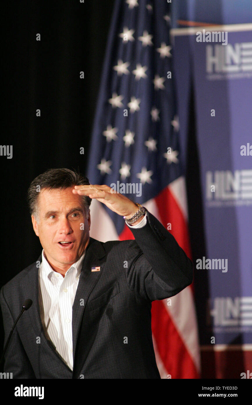 Republican Presidential hopeful Mitt Romney speaks at the Hispanic Leadership Network conference at the Doral Golf Resort and Spa in Miami on January 27, 2012. UPI/Michael Bush Stock Photo