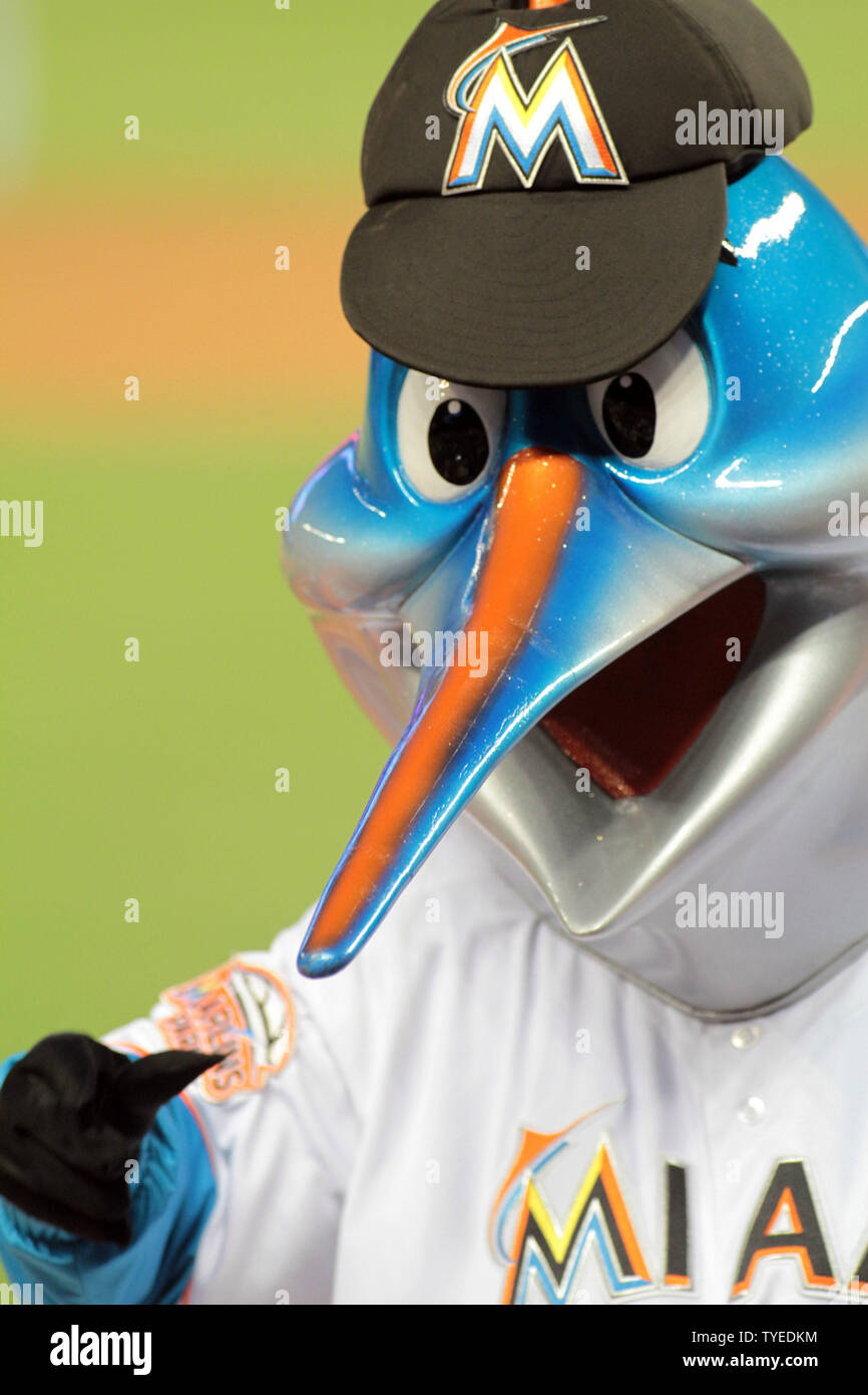 Miami Marlins mascot Billy the Marlin entertains the crowd opening day  against the St. Louis Cardinals at the new Miami Marlins Ball Park on April  4, 2012, in Miami, Florida. The Cardinals